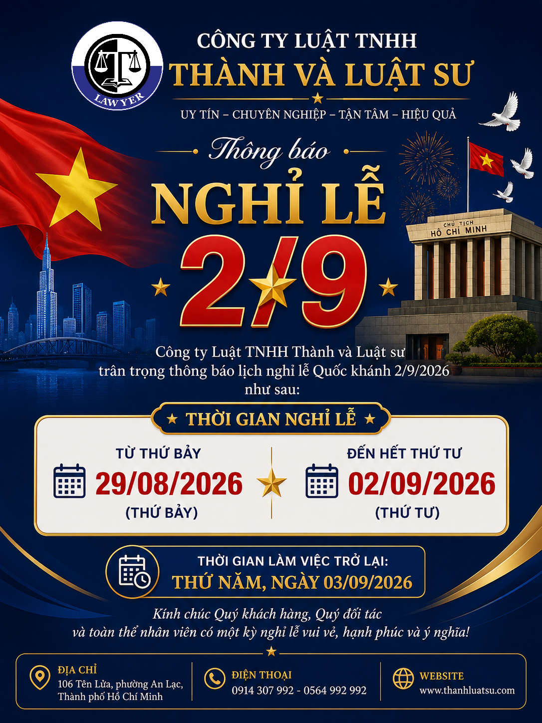 THÔNG BÁO LỊCH NGHỈ LỄ QUỐC KHÁNH 02/9/2026