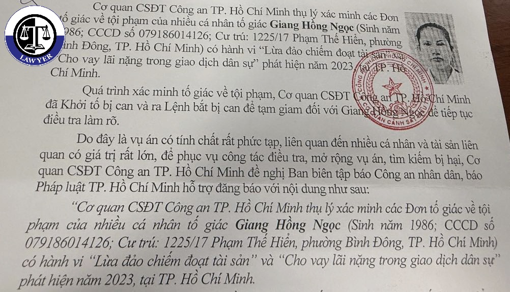Công an TP.HCM tìm bị hại của chủ hụi Giang Hồng Ngọc
